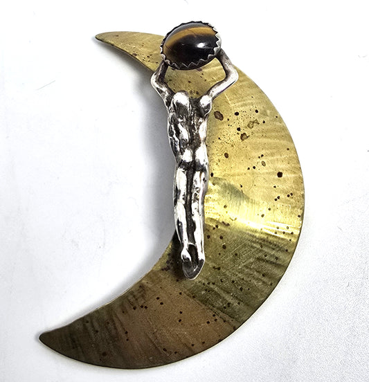 Shooting star Tiger's eye sterling silver and brass crescent moon vintage brooch