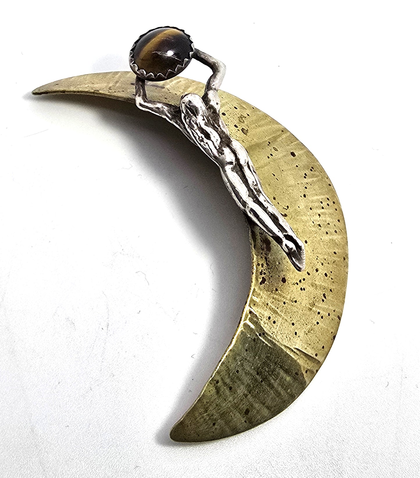 Shooting star Tiger's eye sterling silver and brass crescent moon vintage brooch