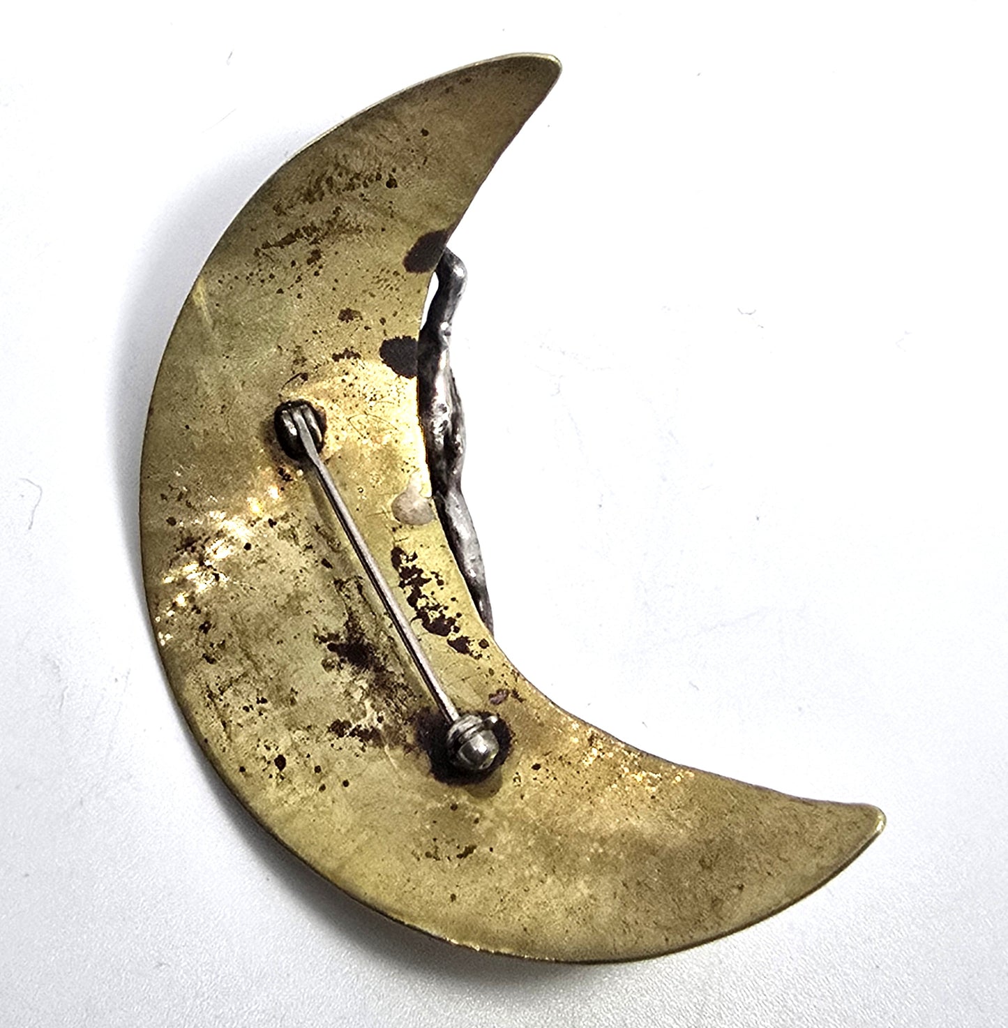 Shooting star Tiger's eye sterling silver and brass crescent moon vintage brooch