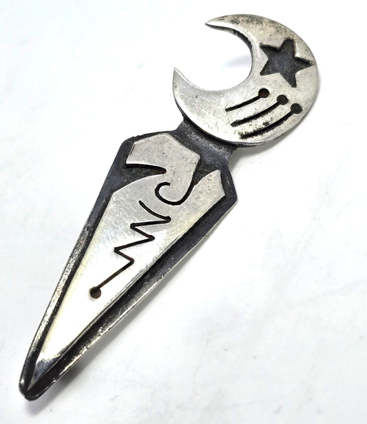 Crescent moon and star celestial artisan Mexico sterling silver vintage brooch