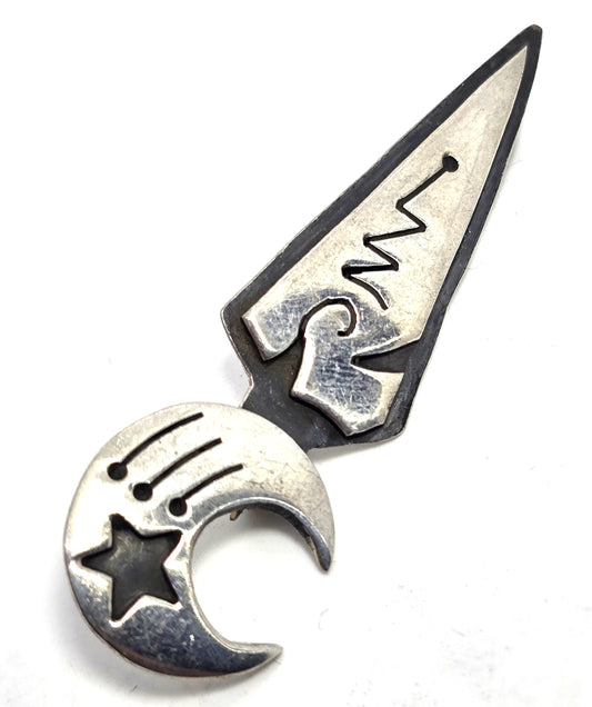 Crescent moon and star celestial artisan Mexico sterling silver vintage brooch