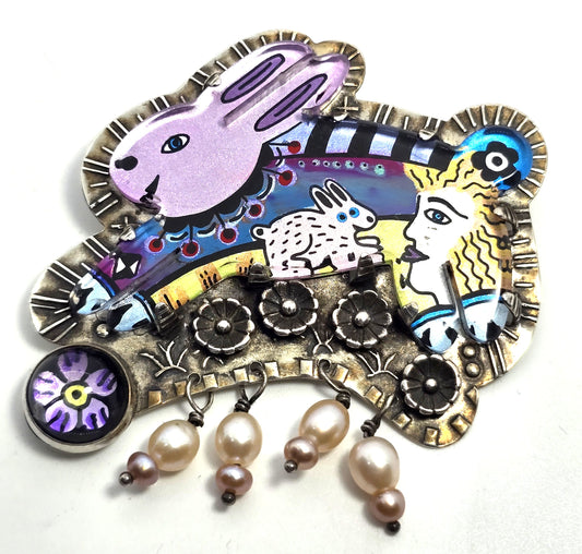 Jane Carpenter Millodot Rabbit reverse painted sterling silver pearl pendant brooch