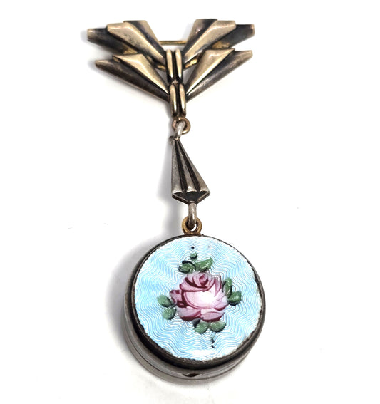 Art Deco Blue Guilloche pink rose vintage sterling silver watch locket brooch