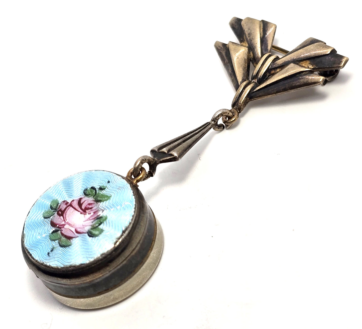 Art Deco Blue Guilloche pink rose vintage sterling silver watch locket brooch