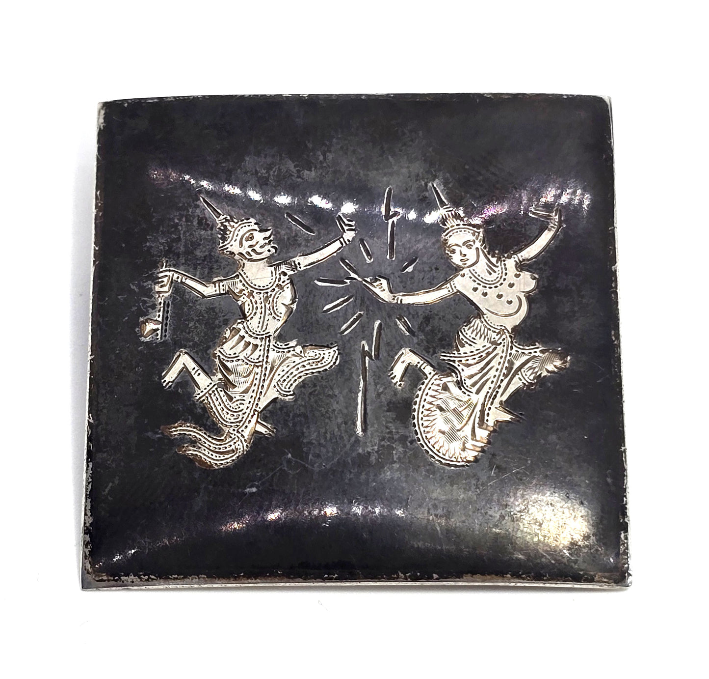 Siam Diety dancing goddess sterling silver black Nielloware vintage brooch