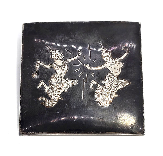 Siam Diety dancing goddess sterling silver black Nielloware vintage brooch