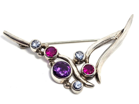 Large multi gemstone abstract sapphire aquamarine sterling silver brooch