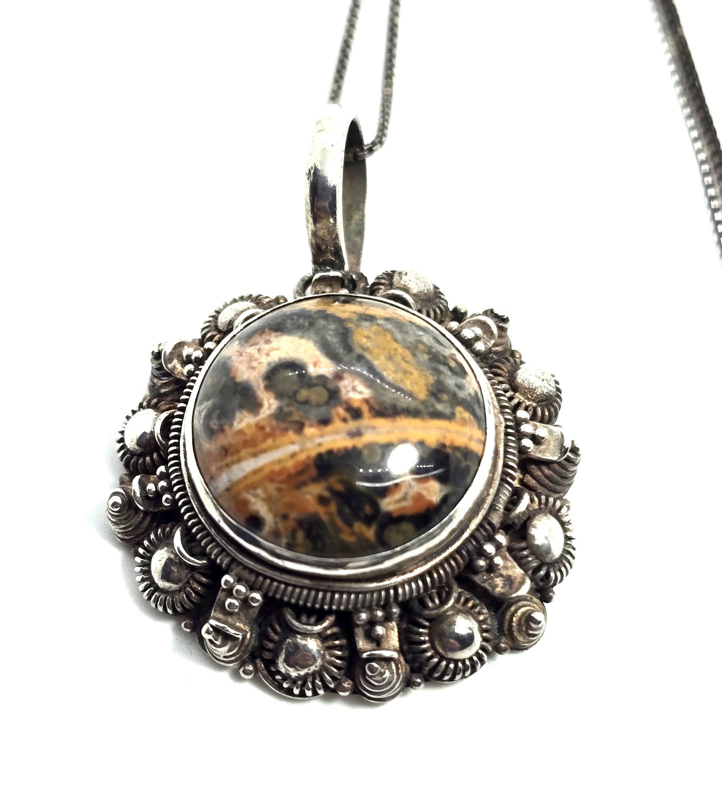 Leopard skin Jasper artisan gemstone tribal sterling silver vintage necklace