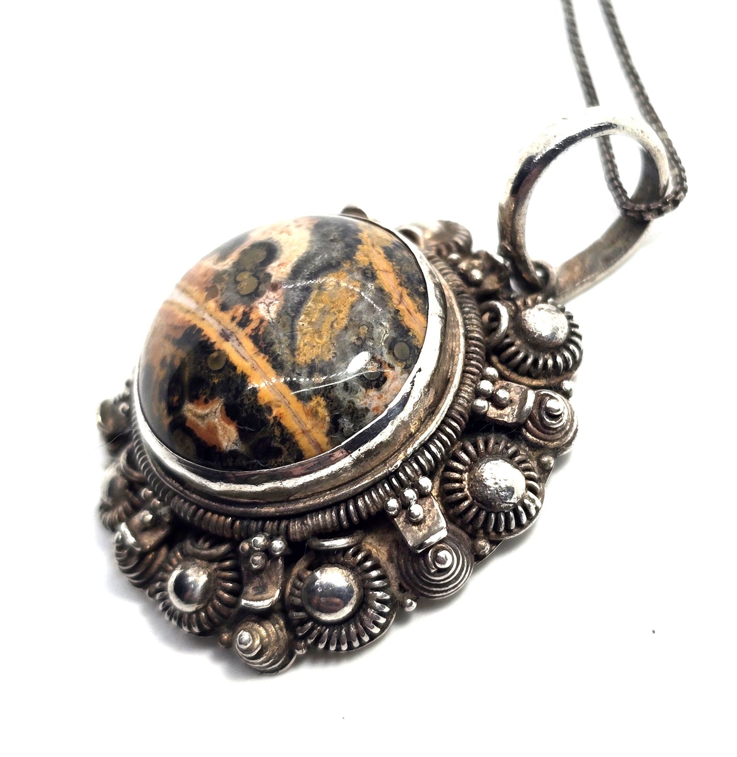 Leopard skin Jasper artisan gemstone tribal sterling silver vintage necklace