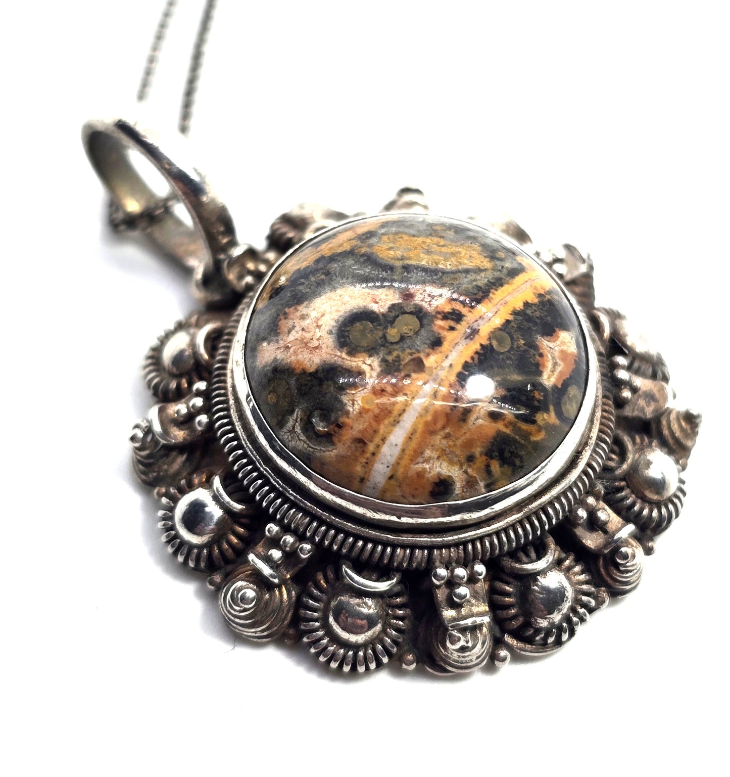 Leopard skin Jasper artisan gemstone tribal sterling silver vintage necklace