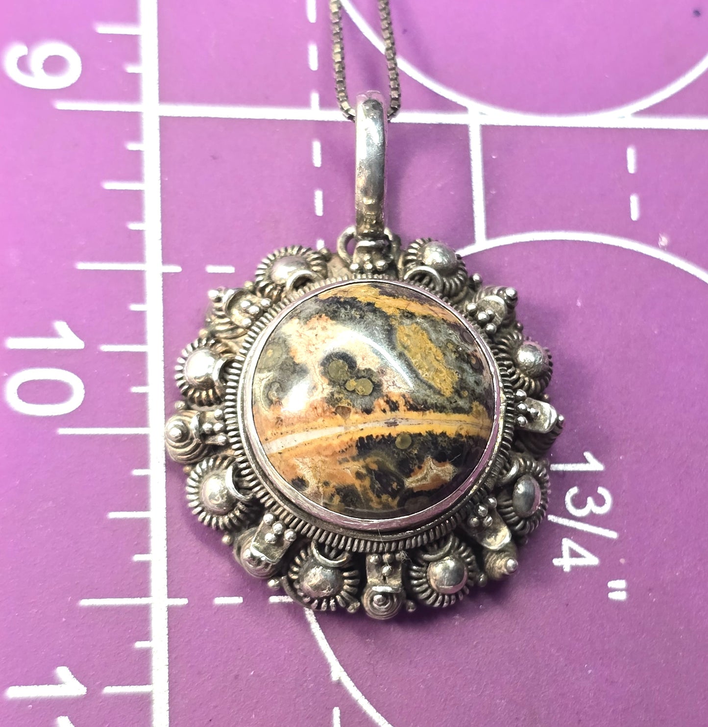 Leopard skin Jasper artisan gemstone tribal sterling silver vintage necklace