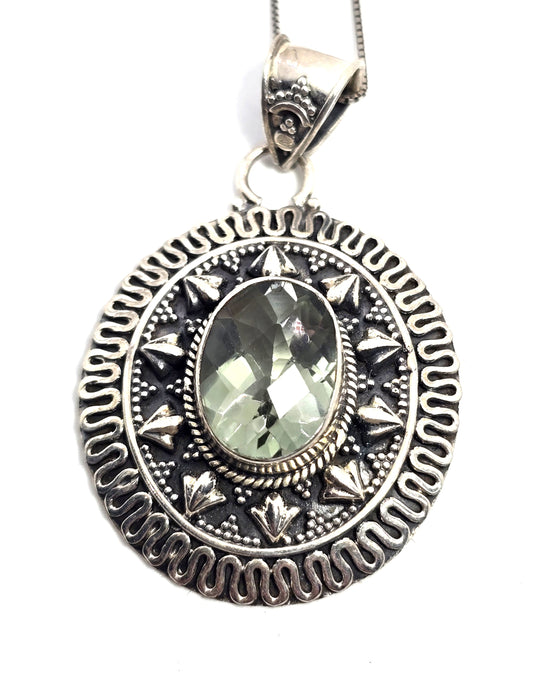 PTI Prasiolite green amethyst gemstone India sterling silver pendant necklace
