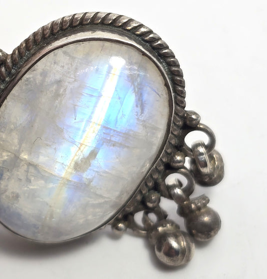 Rainbow Moonstone Large Flashy gemstone tribal bell sterling silver necklace