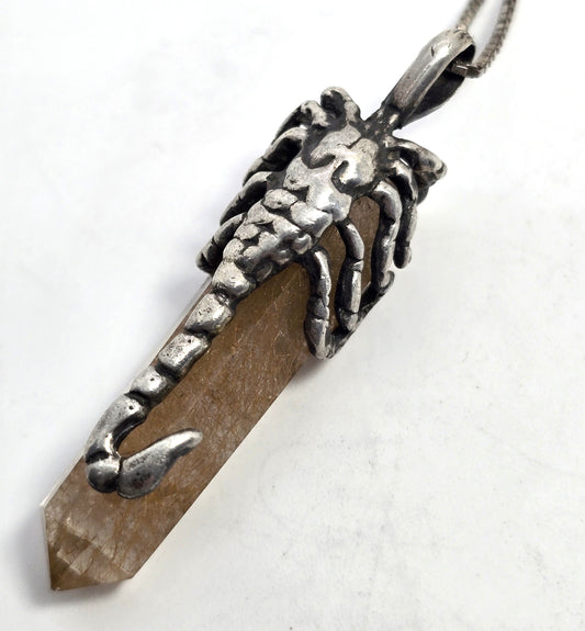Brazilian Rutilated Quartz Scorpion sterling silver mystical vintage pendant necklace