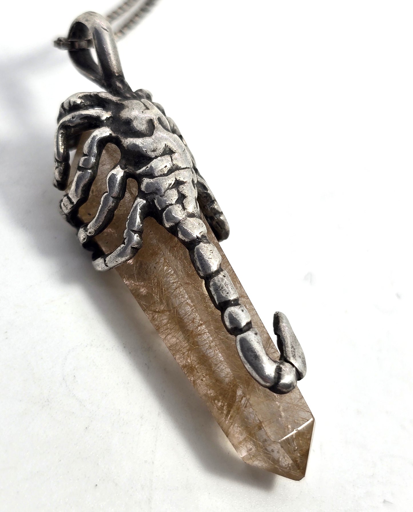 Brazilian Rutilated Quartz Scorpion sterling silver mystical vintage pendant necklace