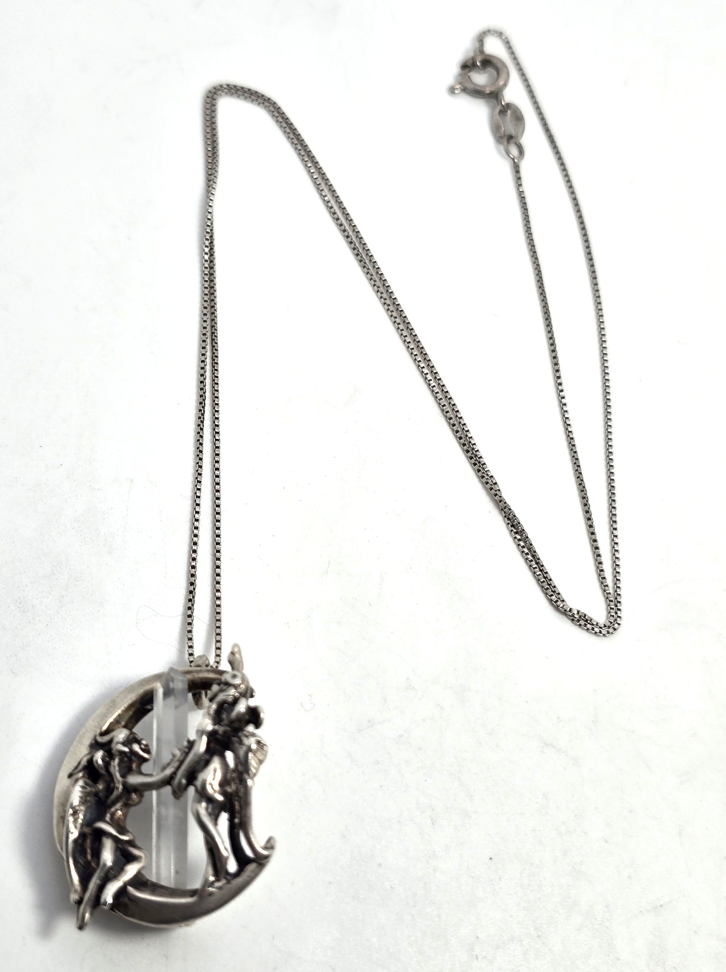 Angel and devil crescent moon terminated quartz sterling silver vintage necklace