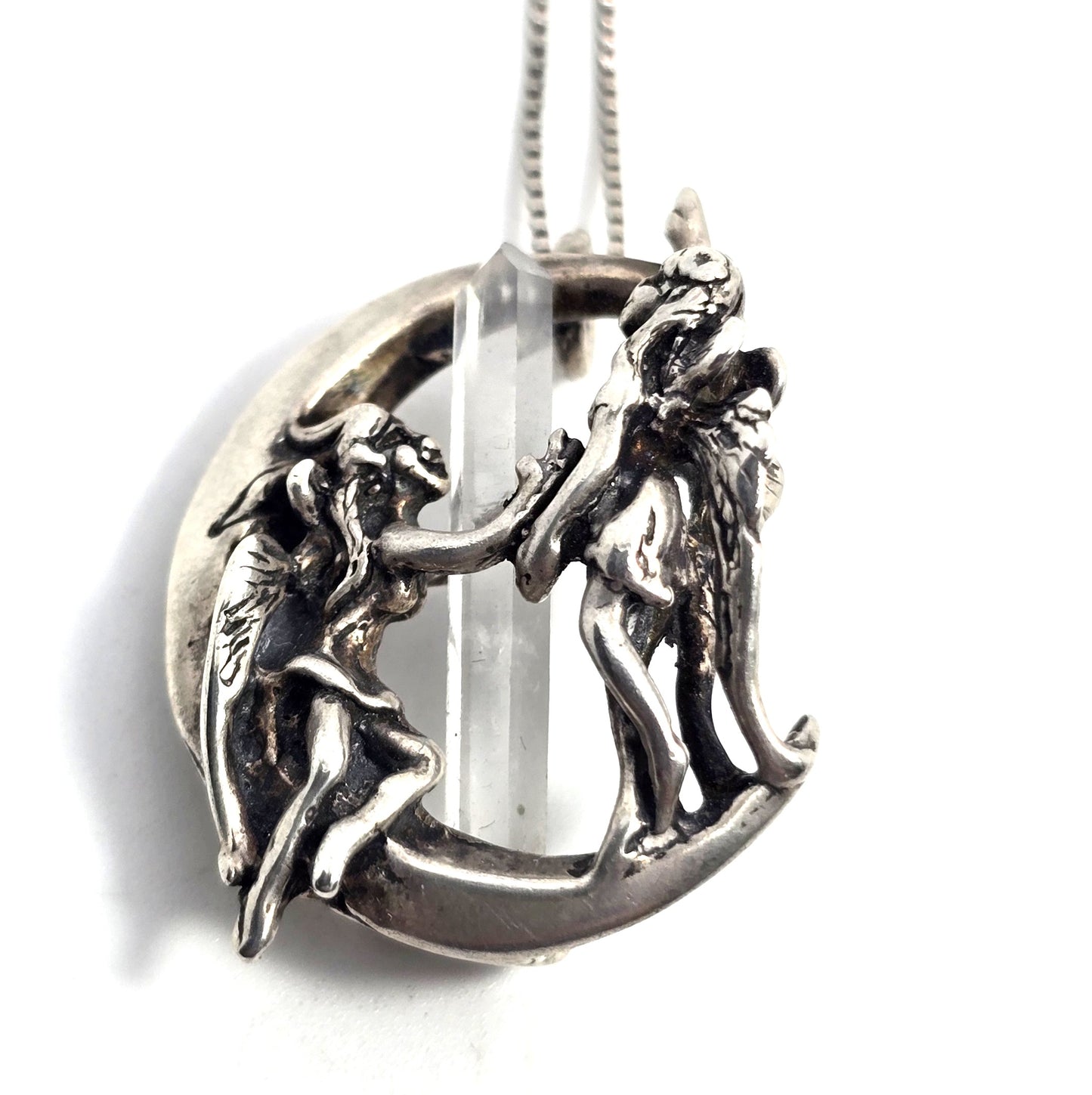 Angel and devil crescent moon terminated quartz sterling silver vintage necklace