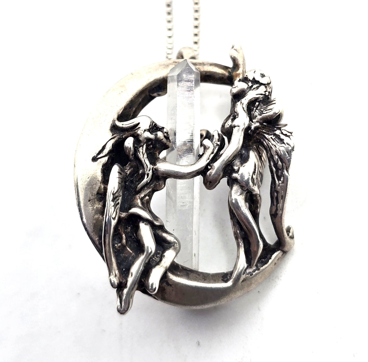 Angel and devil crescent moon terminated quartz sterling silver vintage necklace