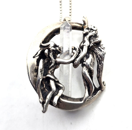Angel and devil crescent moon terminated quartz sterling silver vintage necklace