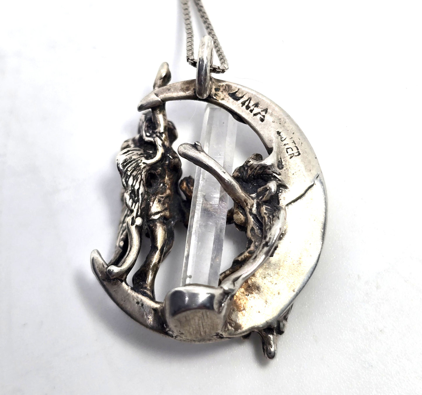 Angel and devil crescent moon terminated quartz sterling silver vintage necklace