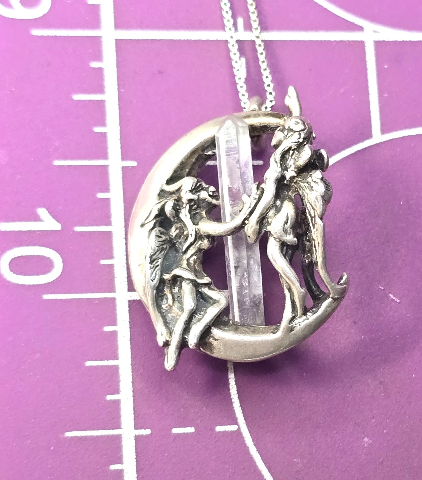 Angel and devil crescent moon terminated quartz sterling silver vintage necklace