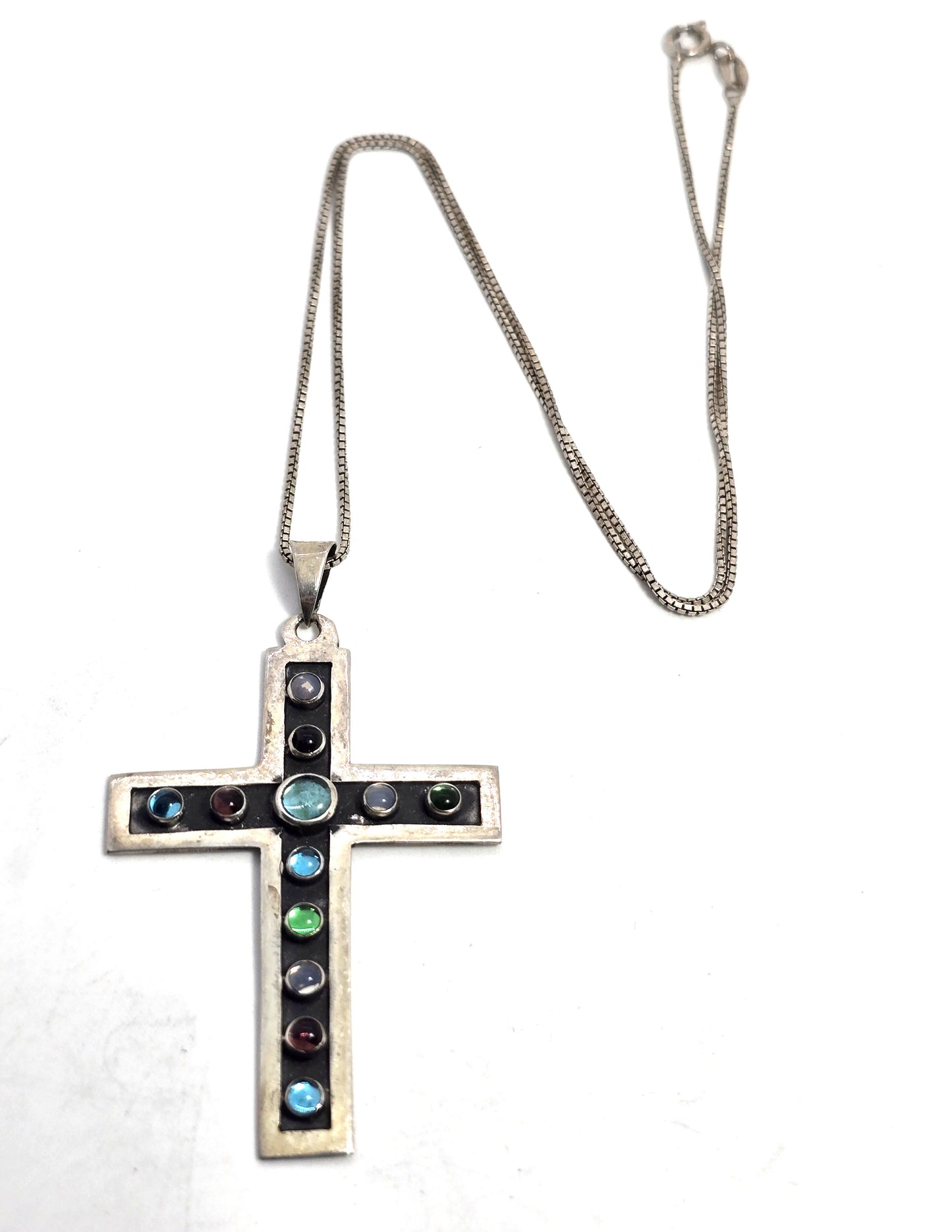 Rainbow glass cross Mexico vintage sterling silver cross pendant necklace