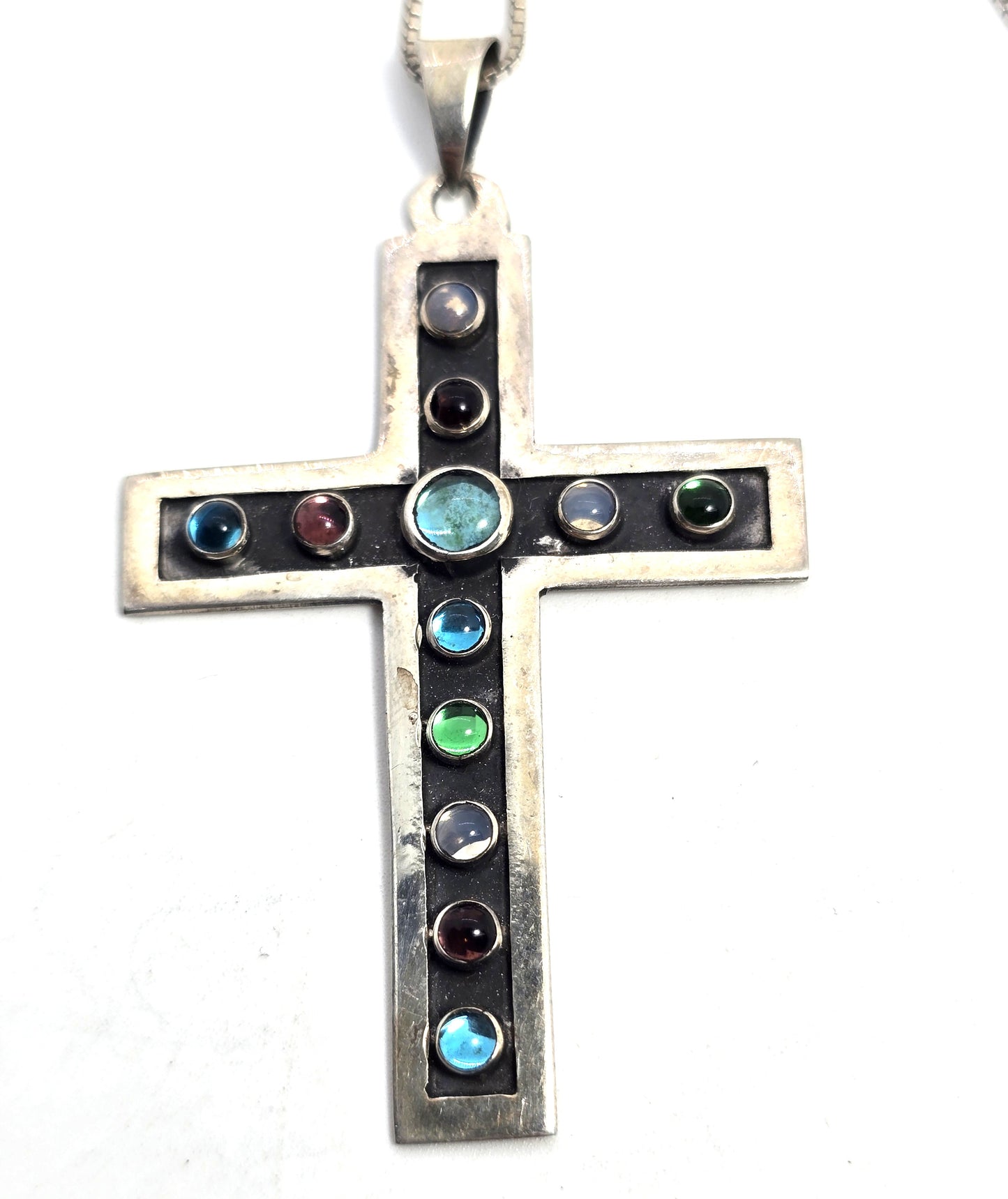 Rainbow glass cross Mexico vintage sterling silver cross pendant necklace