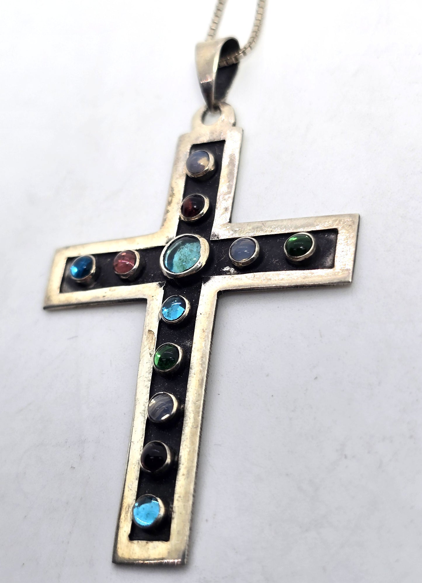 Rainbow glass cross Mexico vintage sterling silver cross pendant necklace