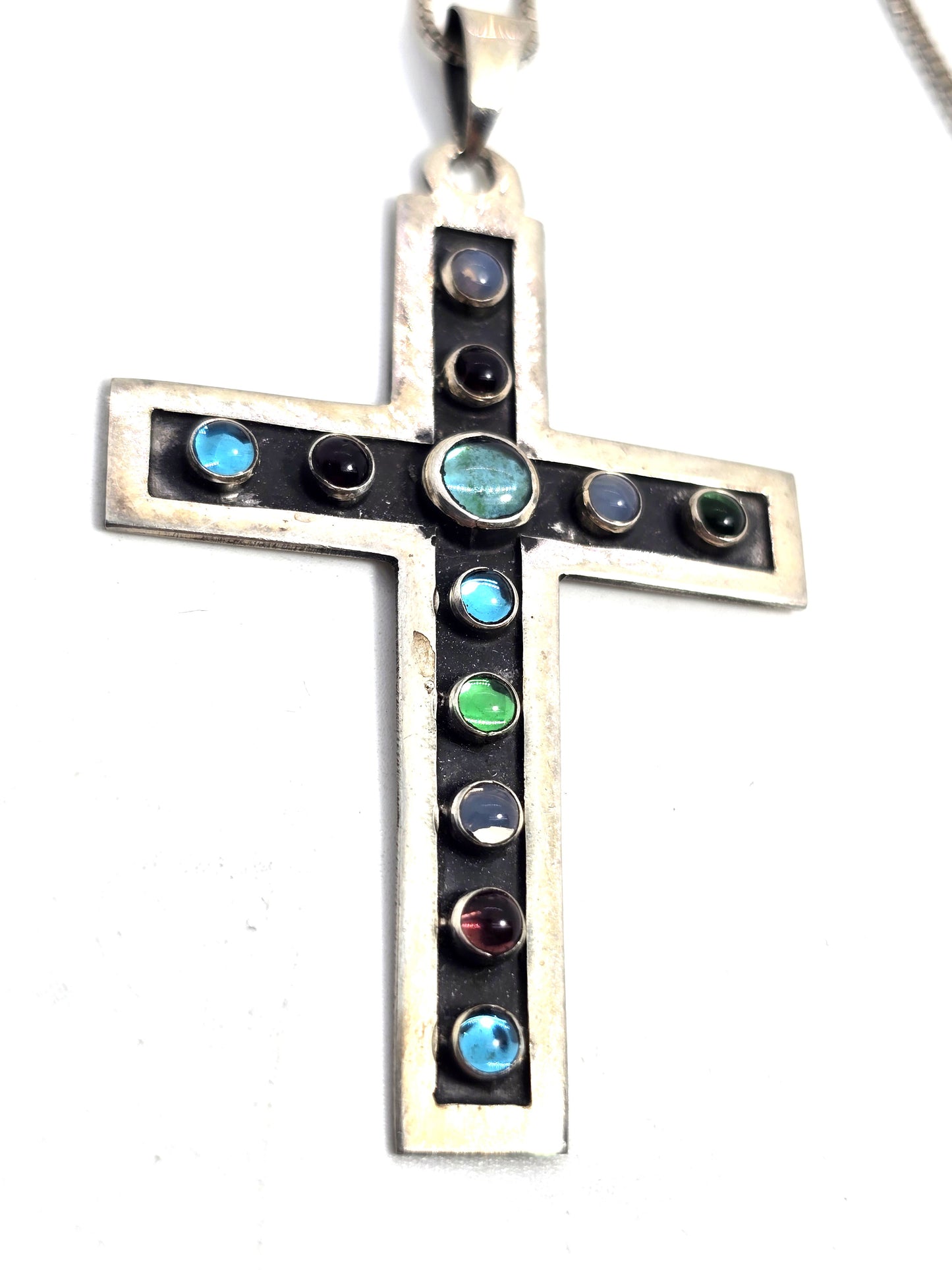 Rainbow glass cross Mexico vintage sterling silver cross pendant necklace