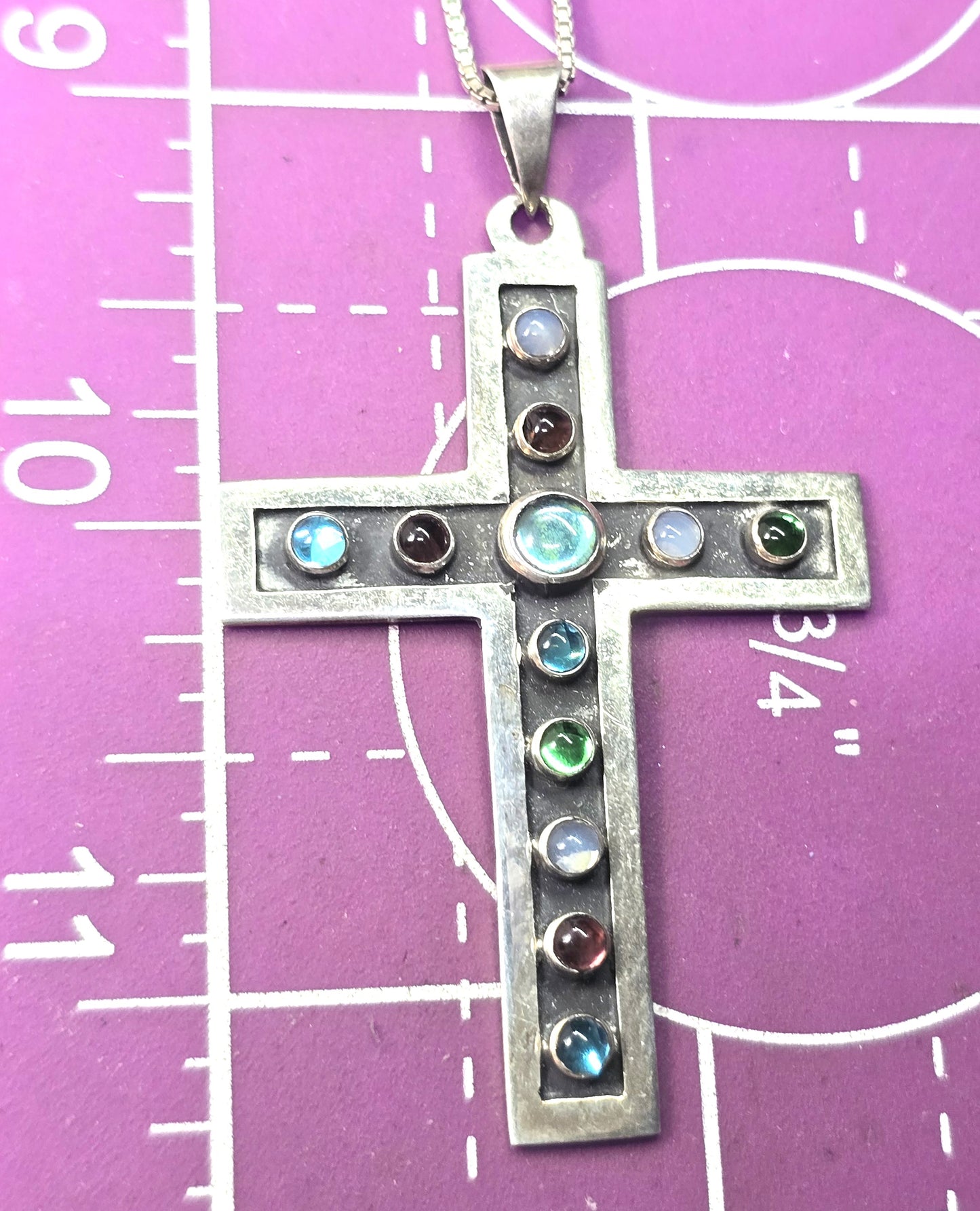 Rainbow glass cross Mexico vintage sterling silver cross pendant necklace
