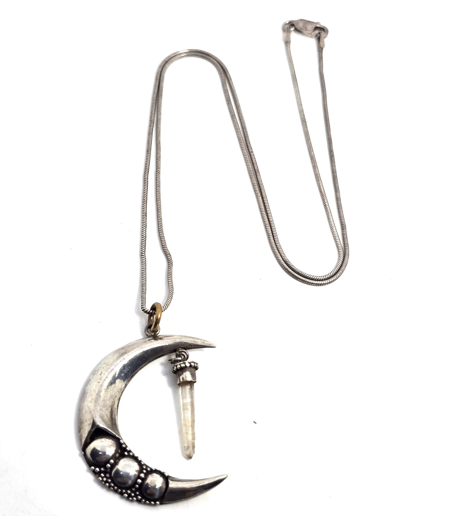 Crescent moon terminated quartz tribal bali sterling silver vintage necklace