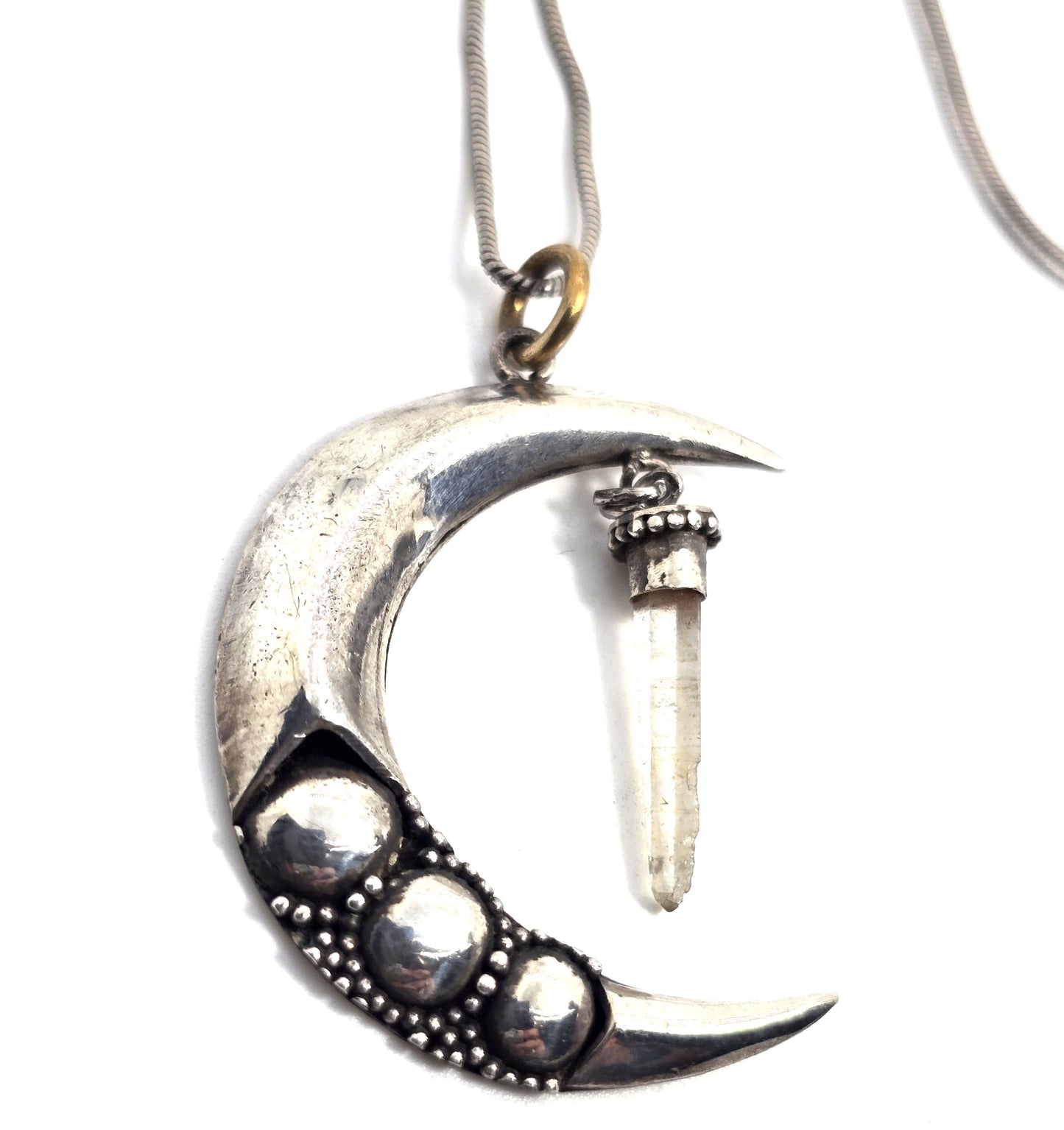 Crescent moon terminated quartz tribal bali sterling silver vintage necklace