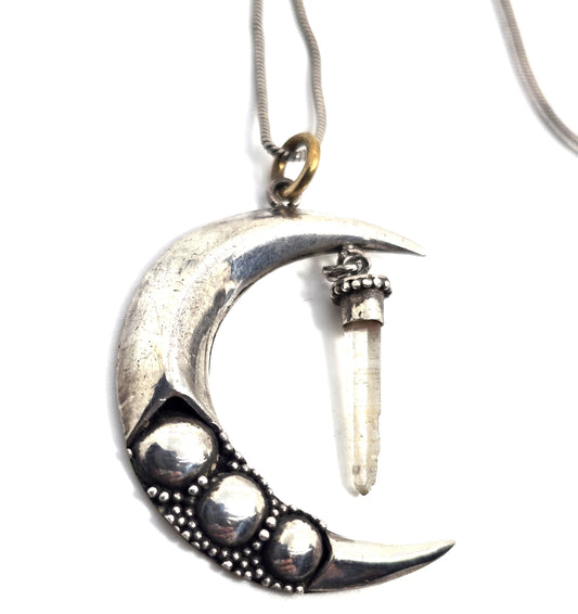 Crescent moon terminated quartz tribal bali sterling silver vintage necklace