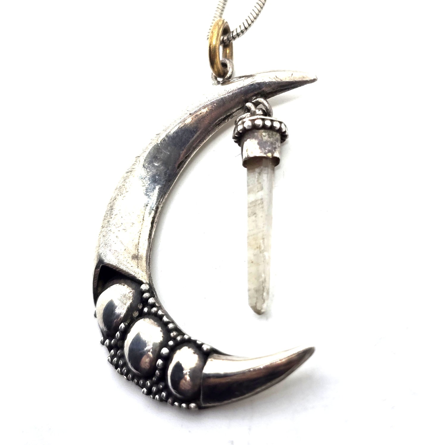 Crescent moon terminated quartz tribal bali sterling silver vintage necklace