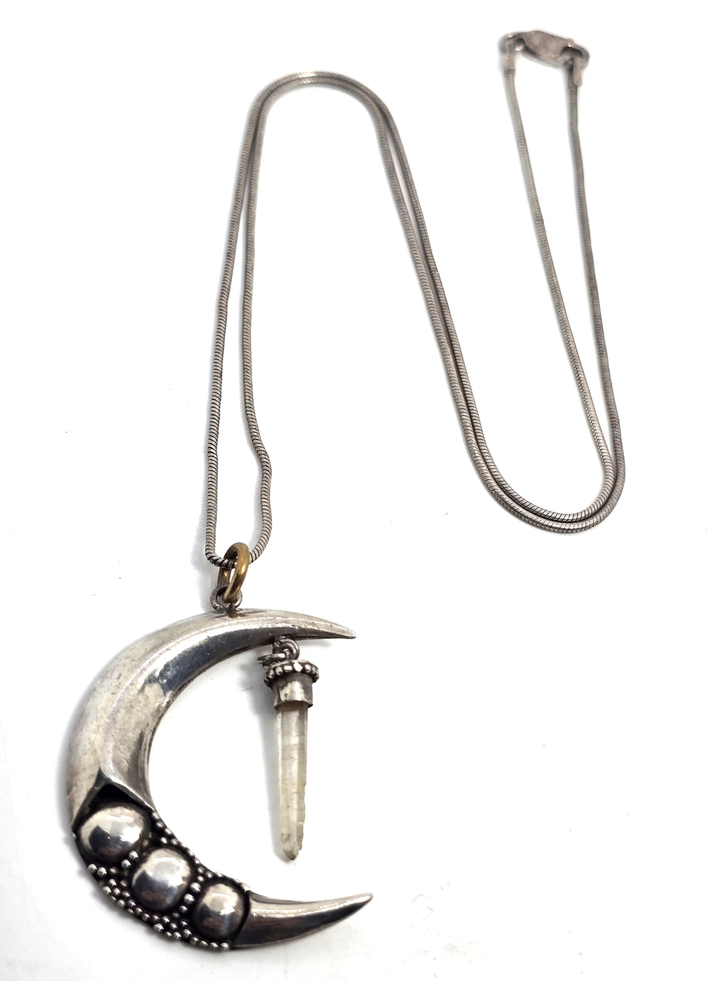 Crescent moon terminated quartz tribal bali sterling silver vintage necklace