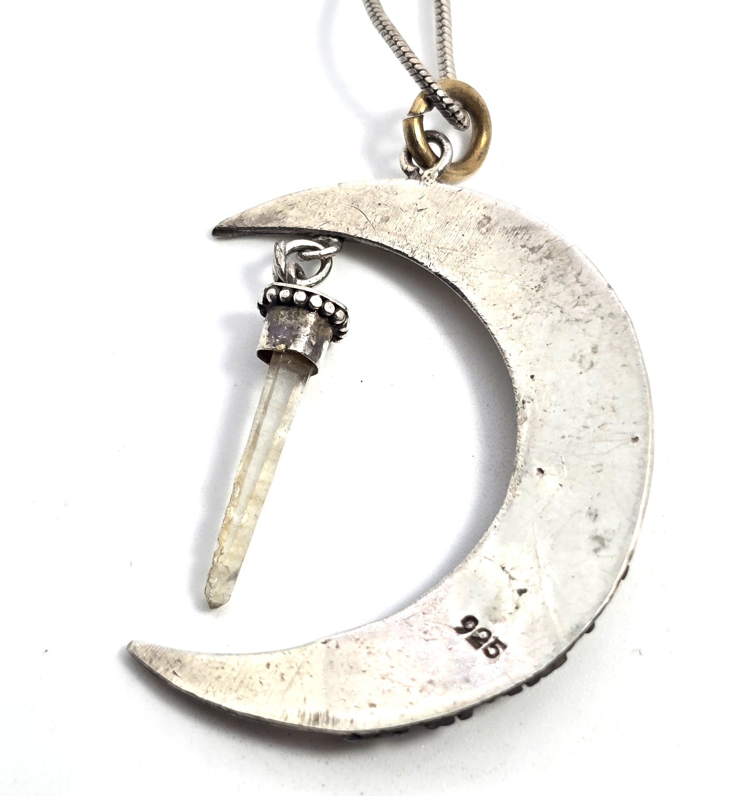 Crescent moon terminated quartz tribal bali sterling silver vintage necklace