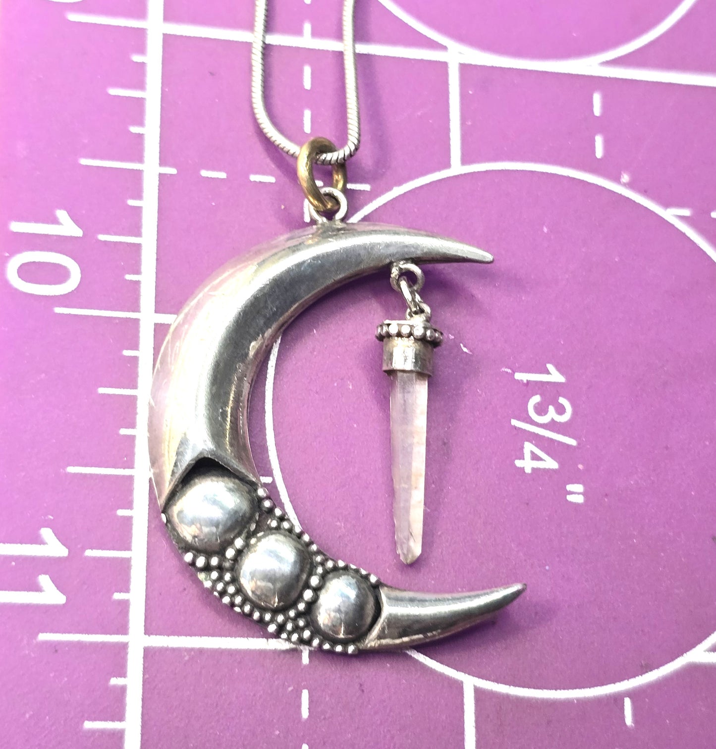Crescent moon terminated quartz tribal bali sterling silver vintage necklace