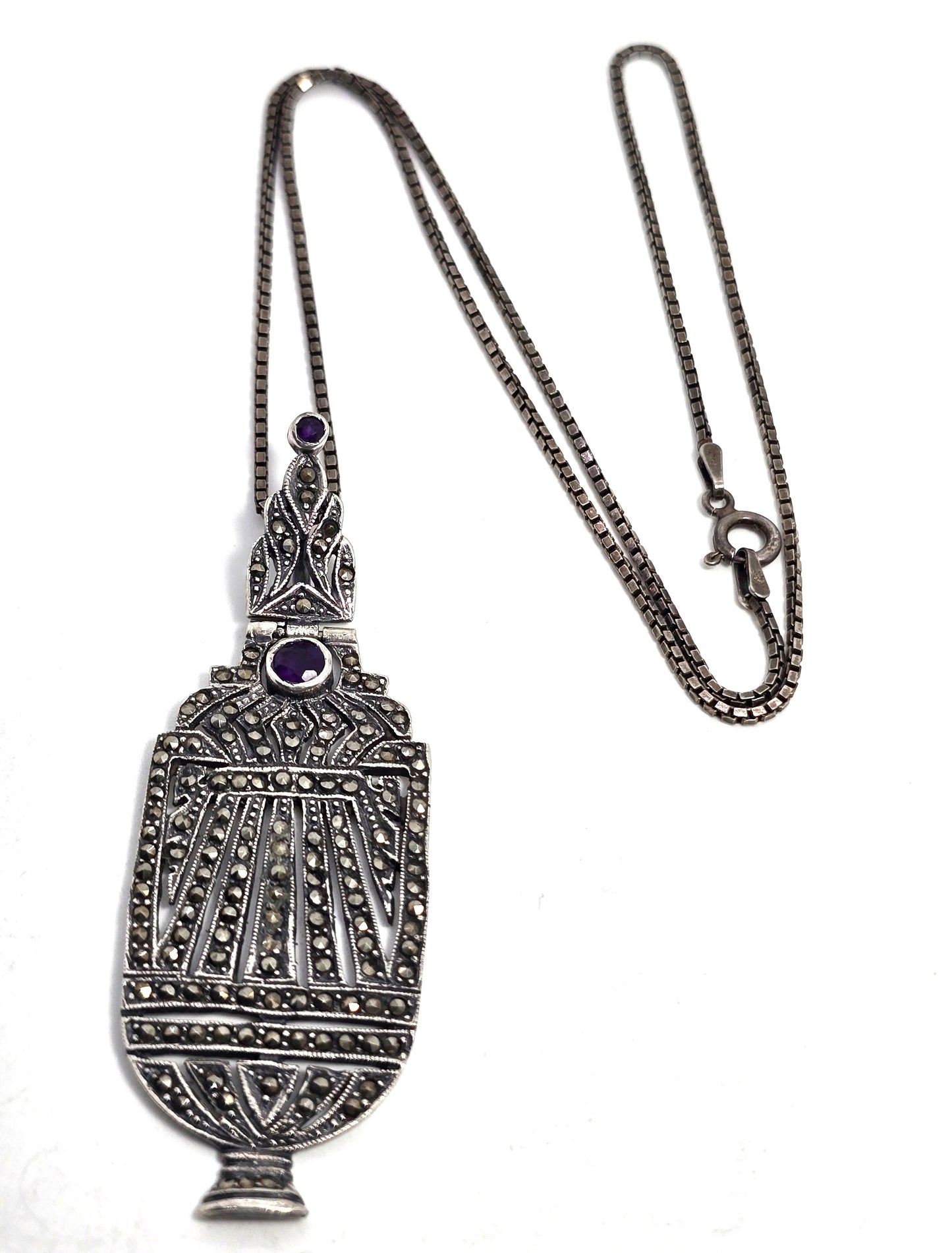 Art Deco purple amethyst and marcasite vintage sterling silver vessel necklace