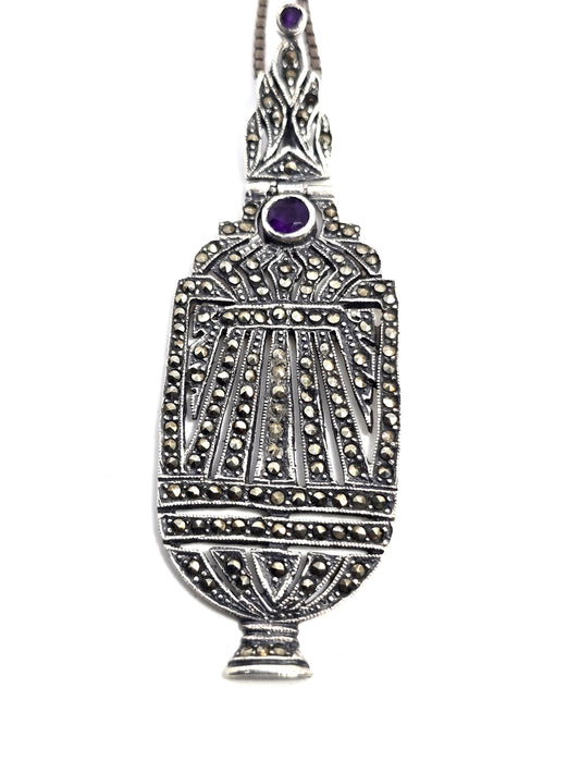 Art Deco purple amethyst and marcasite vintage sterling silver vessel necklace