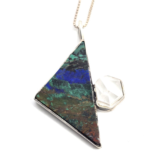 Chrysocolla Malachite Azurite Herkimer diamond vintage sterling silver necklace