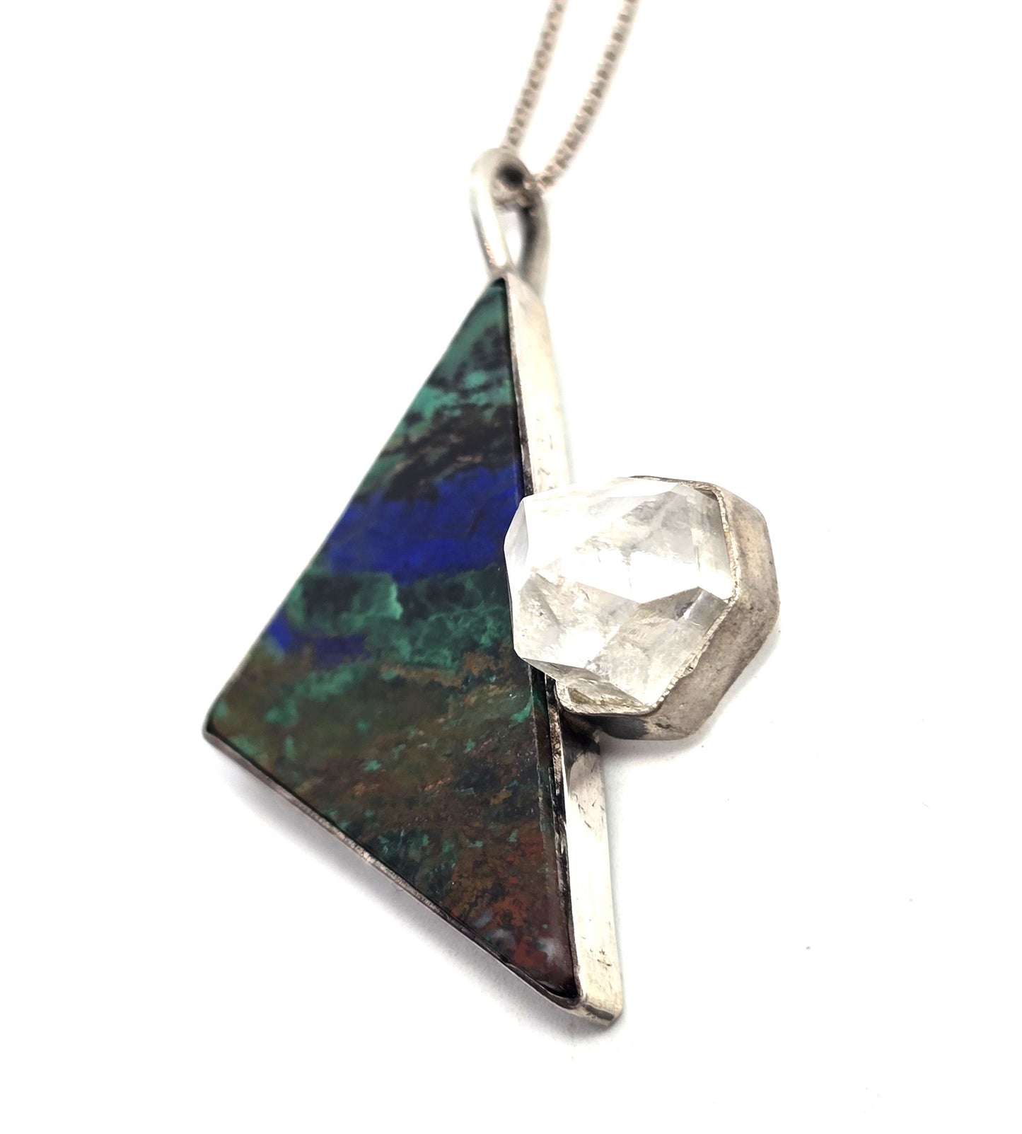 Chrysocolla Malachite Azurite Herkimer diamond vintage sterling silver necklace