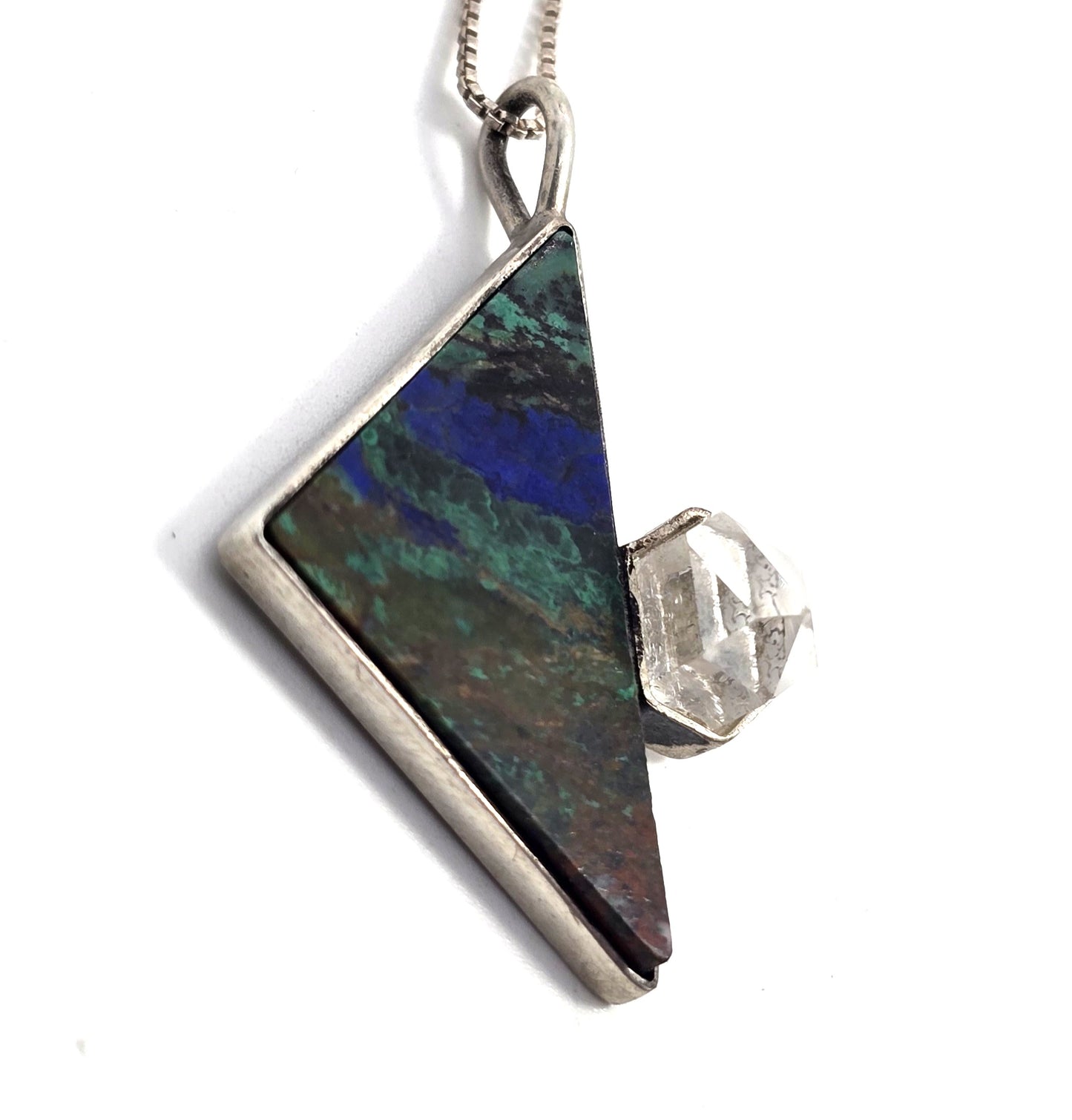Chrysocolla Malachite Azurite Herkimer diamond vintage sterling silver necklace