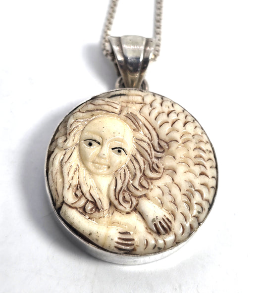Carved Mermaid natural sterling silver vintage pendant necklace