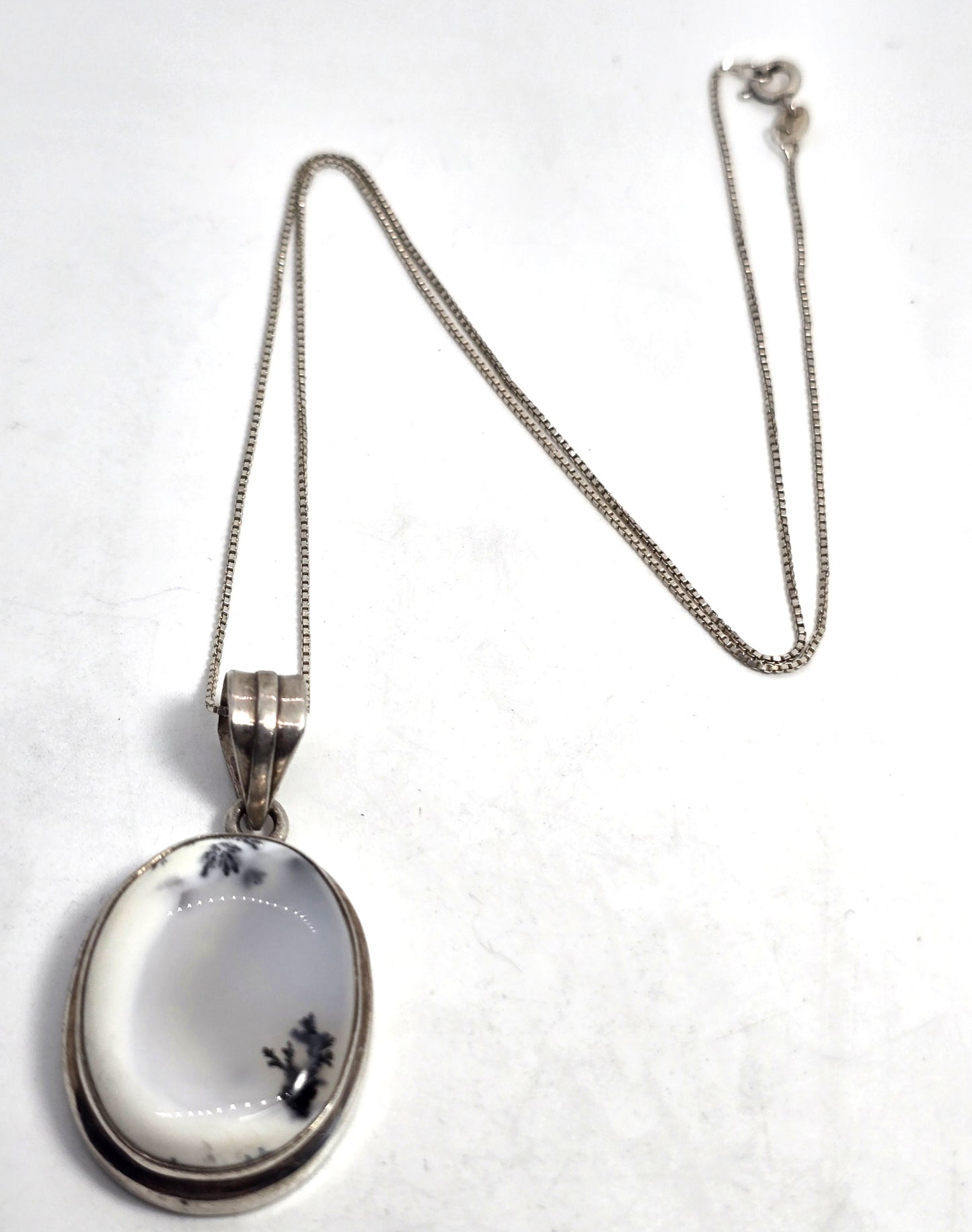 Dendritic agate opal gemstone sterling silver vintage pendant necklace