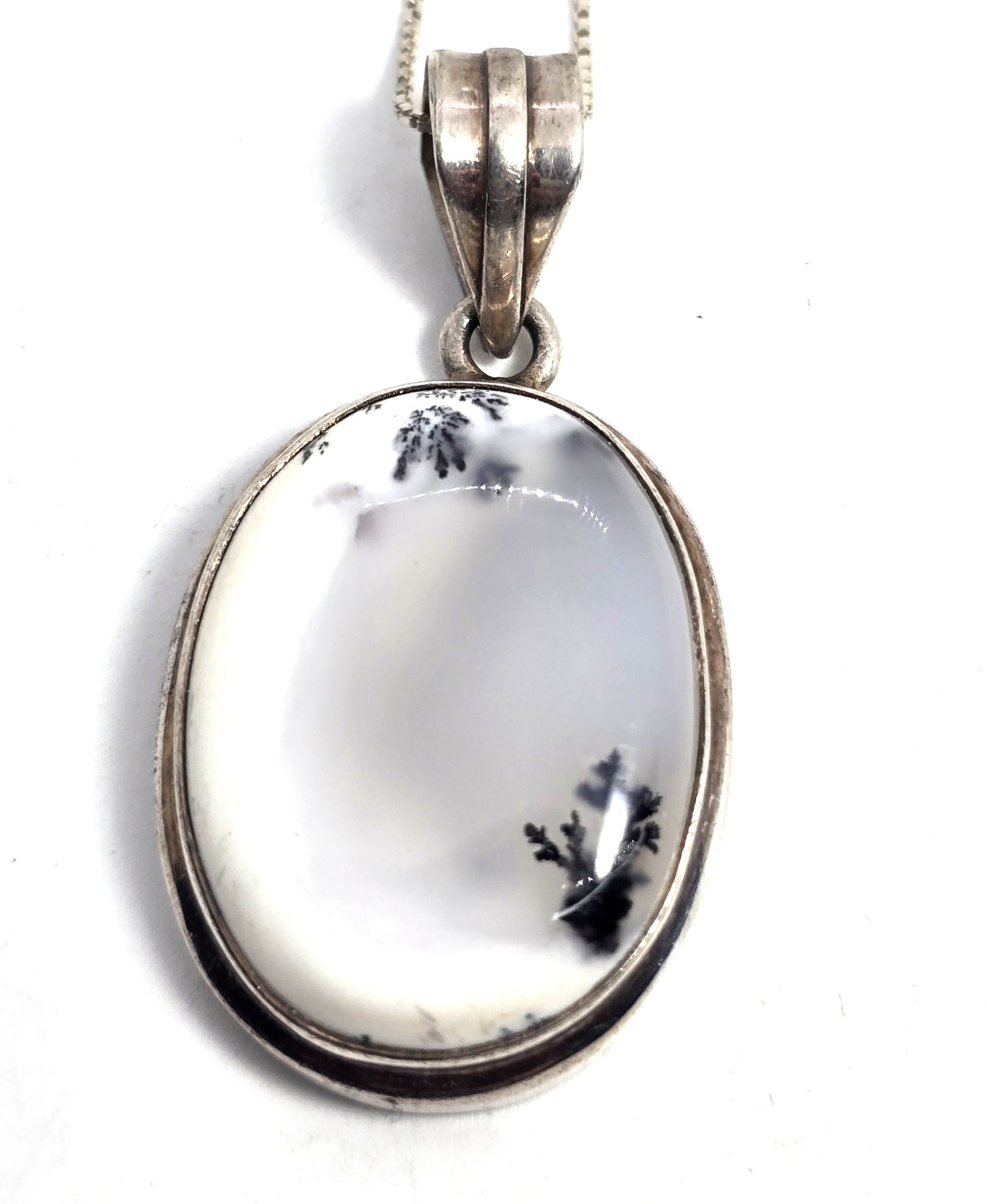 Dendritic agate opal gemstone sterling silver vintage pendant necklace