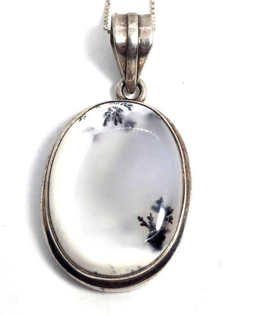 Dendritic agate opal gemstone sterling silver vintage pendant necklace