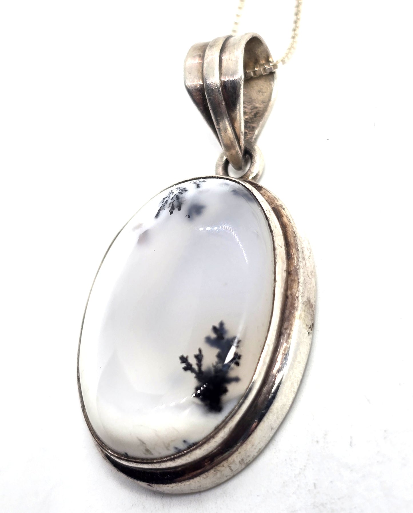 Dendritic agate opal gemstone sterling silver vintage pendant necklace