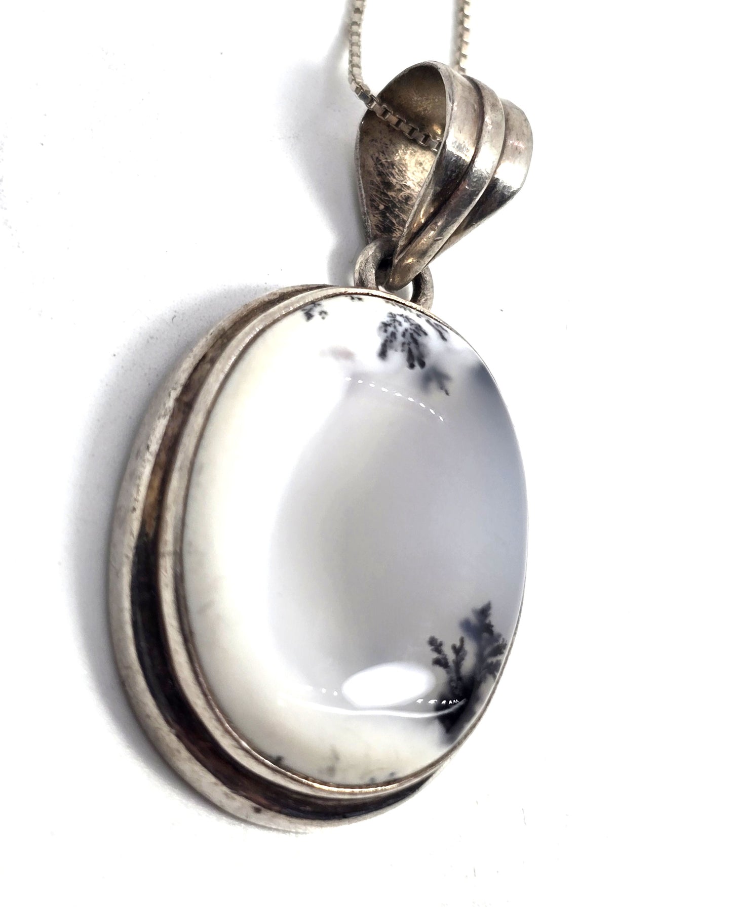 Dendritic agate opal gemstone sterling silver vintage pendant necklace