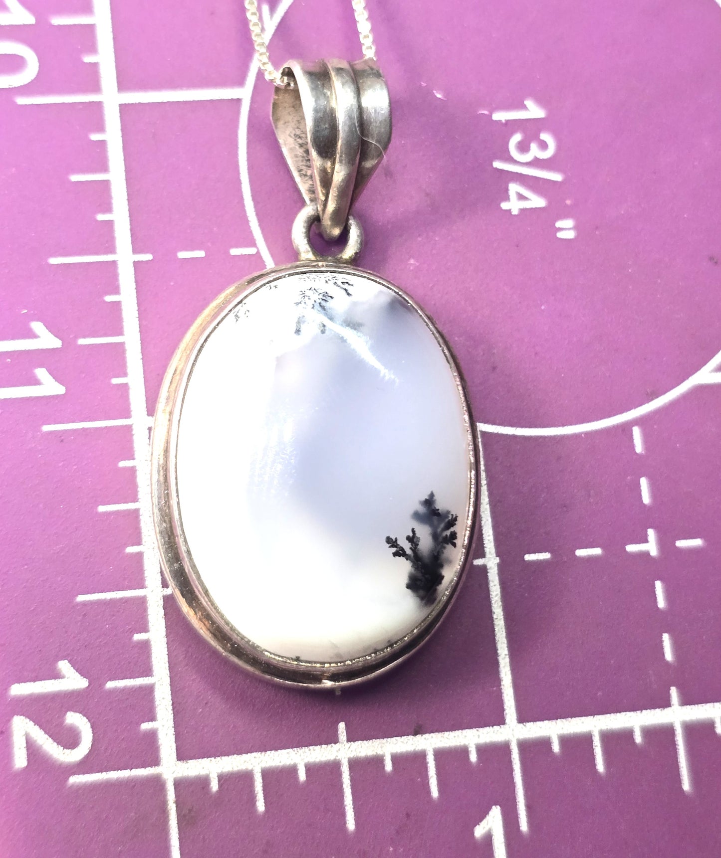 Dendritic agate opal gemstone sterling silver vintage pendant necklace