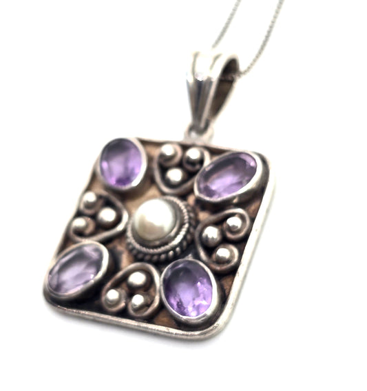 Amethyst and pearl gemstone heart mandala sterling silver pendant necklace